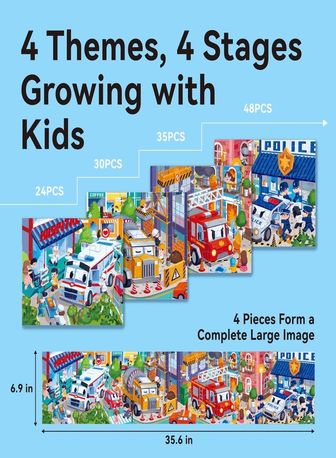 Dotimo kids Dotimo 4-in-1 Vehicle Puzzles for Toddlers 3-5 - Fire Truck, Police Car, Ambulance & Cement Mixer Puzzles, 24/30/35/48 Piece Educational Games with Storage Box - Image 2